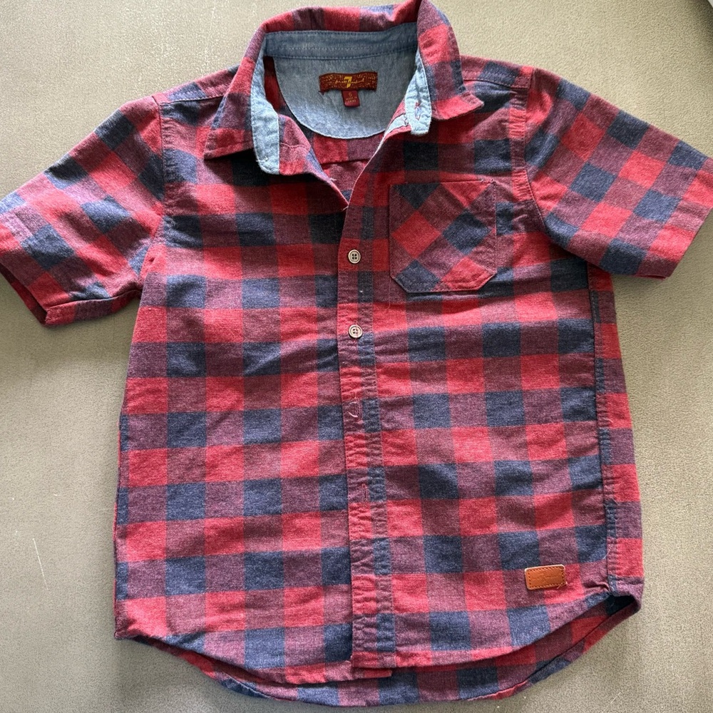 7 For All Mankind Boys Red and Navy Button Down Shirt Casual Plaid